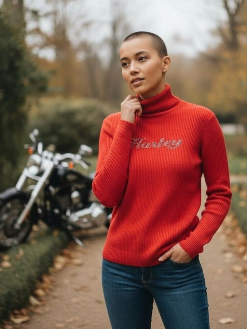 Harley Davidson Red Rhinestone Logo Turtleneck Top Womens Size L Ribbed Stretch